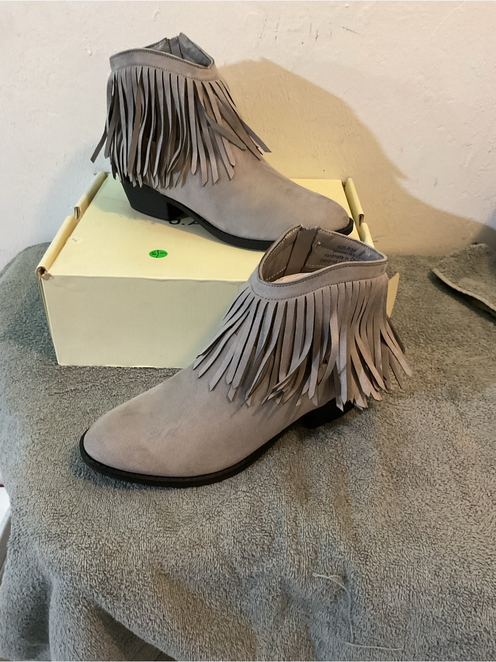 Fringe Suede Ankle Booties in Light Gray